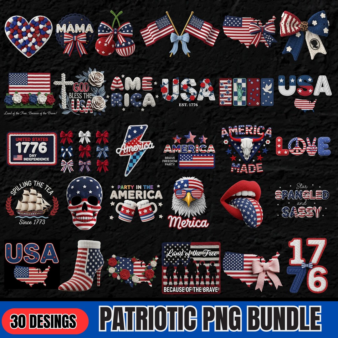 4th of July PNG Bundle Faux Yarn USA Flag Coquette Bow Freedom ...