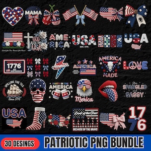 May include: A selection of patriotic PNG designs, featuring American flags, stars, and various patriotic symbols. Includes text elements like "America," "USA," and "1776," ideal for crafting projects.