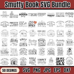 Peut inclure: Un ensemble SVG noir et blanc avec 50 motifs, comprenant des citations et des illustrations sur le thème des livres. Comprend des phrases comme "Smut Queen", "La lecture est ma thérapie" et "J'aime mes livres épicés". Formats : SVG, PNG, JPG, EPS et DXF.