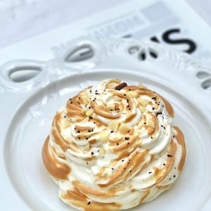 May include: A dessert on a white plate. The dessert is a swirl of white cream with toasted brown meringue and sprinkled with chopped nuts and black specks. The plate has a decorative edge and is on a white surface.