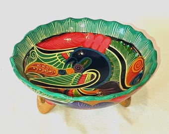 Vintage Mexican Folk Art Pottery Bowl: Hand-Painted Bird Pedestal Dish