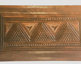 Vintage Hand-Carved Wooden Tray | Geometric Relief Wall Art Decor