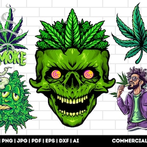 May include: A set of cannabis-themed illustrations. Features a green skull with cannabis leaves, a cannabis bud with a lit joint, a person smoking a joint, and cannabis leaves. The word "SMOKE" is also present.