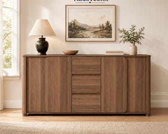 Modern Kitchen Pantry Cabinet, Walnut Storage Cabinet, Sideboard Buffet with Drawers, Dining Room Organizer