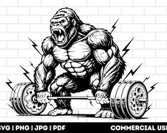 Gorilla Weightlifting SVG PNG: Gym Fitness Vector Clipart (Digital Download)