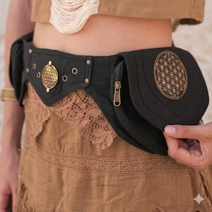 Bolso de Cinturón Festival Hecho a Mano con Bordado Flor de la Vida – Riñonera Boho Tribal, Bolsa de Cadera para Viaje & Rave