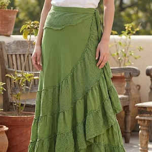 Falda Bohemia de Algodón Cómoda Cruzada con Capas y Encaje Diseño Fluido Envolvente, Ropa de Festival Ligera