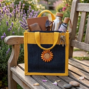 Mini tote bag minimalista in juta, borsa rustica da spiaggia e picnic con fiore boho giallo