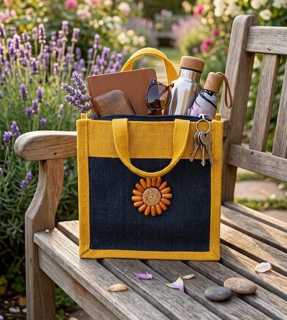 Handmade Jute Mini Tote Bag - Rustic Yellow Flower Decor Tote, Eco Friendly Small Jute Handbag, Reusable Shopping Bag, Boho Market Bag
