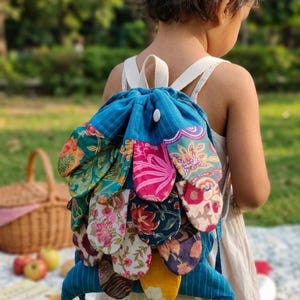 Handmade Fish Shape Patchwork Sling Bag – Boho koi Cotton Drawstring Backpack, Upcycled Fabric Shoulder Bag, Festival Travel Bag