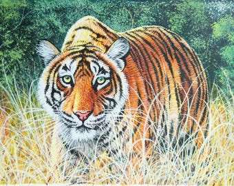Original Handmade Tiger Canvas Painting - Wildlife Art Gift, Realistic Bengal Tiger in Tall Grass Decor, Living Room Wall Decor