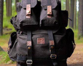 Vintage Travel Canvas Backpack | Rucksack with Leather Straps | Hiking & Camping Backpack | Unisex Outdoor Bag