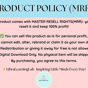 May include: A graphic with text detailing product policy, including Master Resell Rights (MRR). The text states the product can be resold for profit, but not edited, rebranded, or given away. Digital download only.