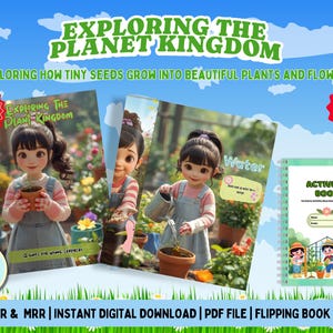 Op de afbeelding: Een educatief kinderboekcover, "Exploring the Planet Kingdom", toont een cartoonmeisje met een bloempot. De tekst luidt: "Exploring how tiny seeds grow into beautiful plants and flowers". Een activiteitenboek is ook inbegrepen.