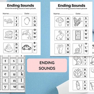 May include: Educational worksheets for children focusing on ending sounds. The worksheets feature illustrations of various objects, with letter choices for the correct ending sound. The title "Ending Sounds" is displayed in a pink rectangle.