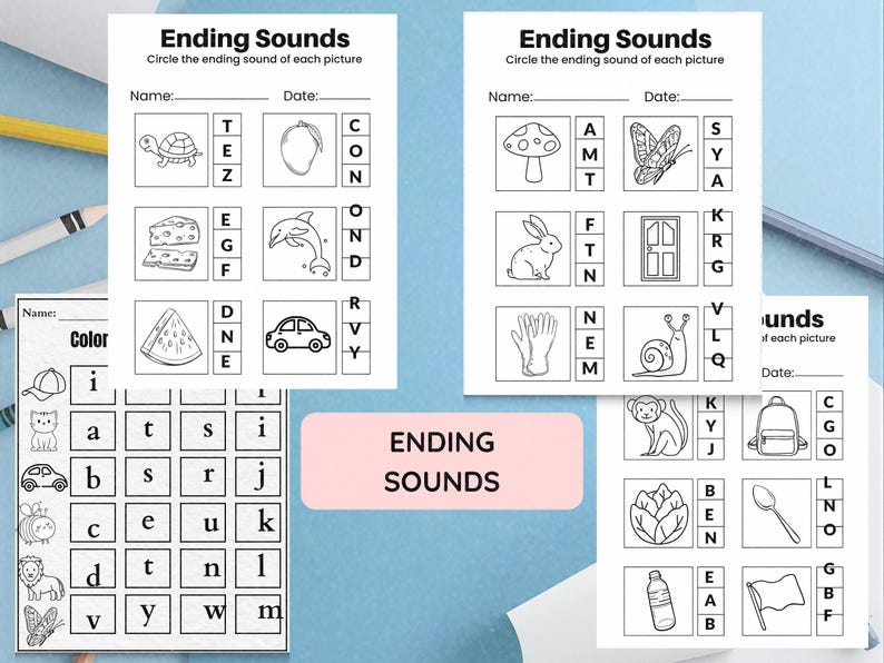 May include: Educational worksheets for children focusing on ending sounds. The worksheets feature illustrations of various objects, with letter choices for the correct ending sound. The title "Ending Sounds" is displayed in a pink rectangle.