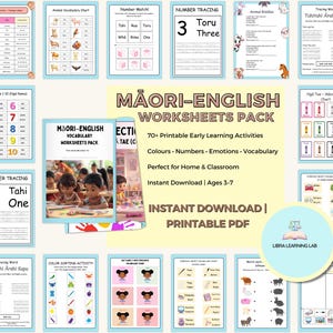 May include: A collection of printable Māori-English worksheets for early learning, featuring colorful pages with numbers, vocabulary, and tracing activities. The pack includes a variety of educational materials suitable for ages 3-7, with the text "Māori-English Worksheets Pack".