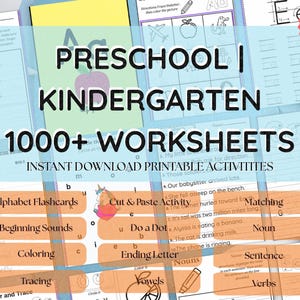 May include: A collection of printable preschool and kindergarten worksheets. The image features the text "Preschool | Kindergarten 1000+ Worksheets" and includes activities like alphabet flashcards, coloring, and tracing. The image has a PDF download icon.
