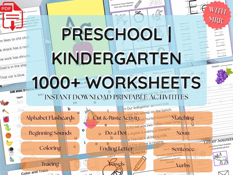 May include: A collection of printable preschool and kindergarten worksheets. The image features the text "Preschool | Kindergarten 1000+ Worksheets" and includes activities like alphabet flashcards, coloring, and tracing. The image has a PDF download icon.