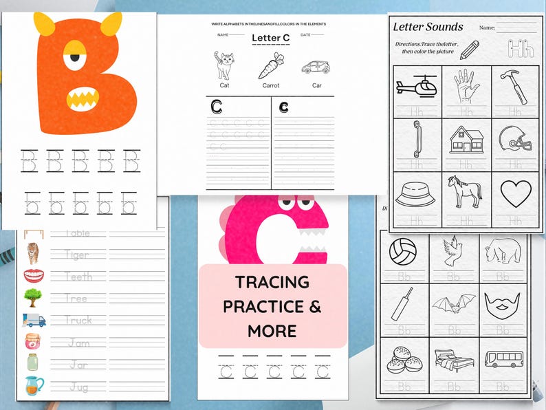 May include: Educational worksheets for children featuring letter tracing and coloring activities. Includes tracing practice for letters B and C, along with illustrations of objects like a cat, carrot, and car. The worksheets are designed to help children learn the alphabet.