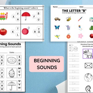 May include: Educational worksheets for early learning. Includes pages for beginning sounds, letter recognition, and tracing. Features colorful illustrations of objects like a red tomato, a red umbrella, and a yellow car.