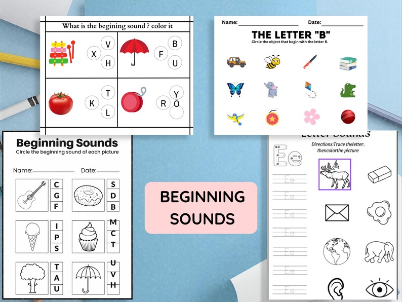 May include: Educational worksheets for early learning. Includes pages for beginning sounds, letter recognition, and tracing. Features colorful illustrations of objects like a red tomato, a red umbrella, and a yellow car.