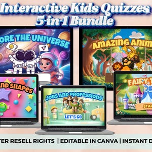 Peut inclure: Image d'un pack 5-en-1 de quiz interactifs pour enfants. Les quiz couvrent des sujets tels que l'univers, les animaux, les couleurs et les formes, les métiers et les contes de fées. Le texte "Interactive Kids Quizzes 5-in-1 Bundle" est inclus.