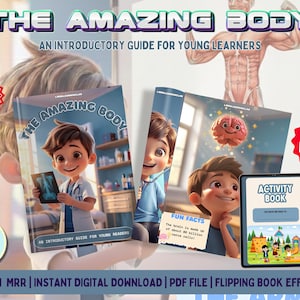 May include: Educational materials for young learners. The image features a book titled "The Amazing Body" with illustrations of a cartoon boy, a brain, and an activity book. The text includes "An Introductory Guide for Young Learners" and "4-8 Years".
