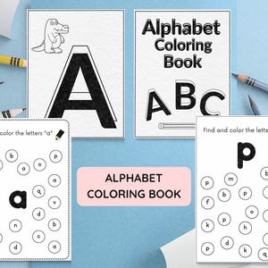 May include: Alphabet coloring book with pages featuring the letters A, B, and C, plus pages for coloring the letters "a" and "p". Includes a cartoon alligator and pencils. The book is designed for educational activities.