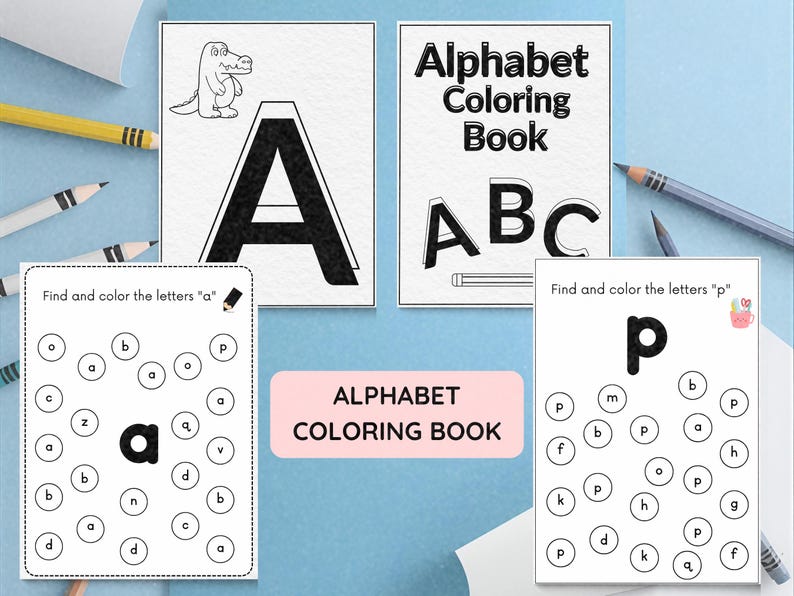 May include: Alphabet coloring book with pages featuring the letters A, B, and C, plus pages for coloring the letters "a" and "p". Includes a cartoon alligator and pencils. The book is designed for educational activities.