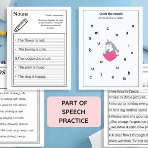 May include: Educational worksheets for grammar practice. Includes pages for nouns, verbs, and vowel identification. A pink rectangle in the center reads "PART OF SPEECH PRACTICE". Pencils and a pen are visible.