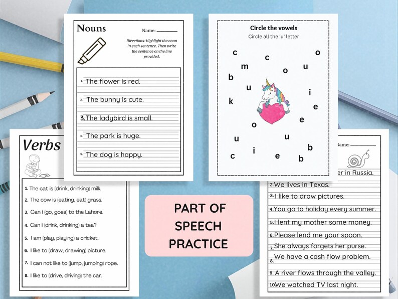 May include: Educational worksheets for grammar practice. Includes pages for nouns, verbs, and vowel identification. A pink rectangle in the center reads "PART OF SPEECH PRACTICE". Pencils and a pen are visible.