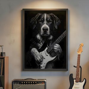 Custom Rockstar Pet Portrait Poster - Personalized Dog Cat Musician Art Print, Black & White Any Instrument, Custom Name Text Gift