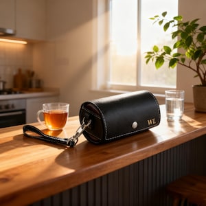 May include: A black leather cylindrical case with white stitching and a silver clasp. The initials "WL" are in gold on the side. A cup of tea and a glass of water are on the wooden surface.