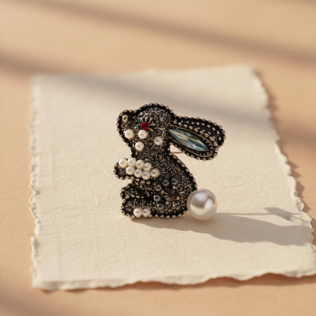 Gothic Rabbit Brooch: Crystal Bunny Pin With Pearl Accent - Etsy