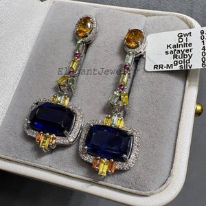 Natural Kyanite, Sapphire, Ruby & Diamond Earrings, 925 Sterling Silver, Gold Plated Stud Post, Luxury Gemstone Dangle Jewelry, Gift For Her