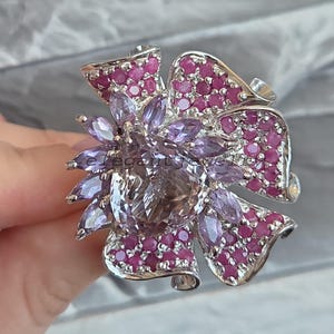 Natural Ametrine Flower Ring With Lavender Amethyst & Ruby, Handmade 925 Sterling Silver, Fine Statement Jewelry, Gift For Her