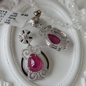 Natural Ruby Cabochon & Diamond Dangle Earrings With Black Enamel, Gold post Stud Earrings, 925 Sterling Silver, Anniversary Gift For Her