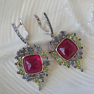 Natural Ruby, Spinel, Green Garnet & Sapphire Earrings, Cabochon Gemstone Jewelry, 925 Sterling Silver Statement Dangle Jewelry Gift For Her