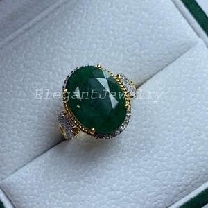 Natural Emerald Ring With Diamond Accents, Gold Plated 925 Silver, Fine Statement Jewelry, Gift For Her