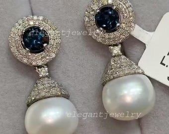 London Blue Topaz, Pearl & Diamond Dangle Earrings, Handcrafted 925 Sterling Silver Rhodium Plated, Luxurious Statement Jewelry Gift For Her