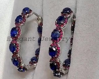 Bold Sapphire & Ruby Hoop Earrings, 925 Sterling Silver, Fine Jewelry Design, Gift For Her