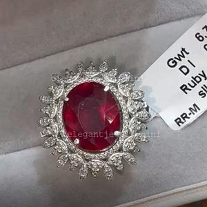 Anello con rubino e diamanti, gioiello con pietra preziosa solitaria, pietra portafortuna naturale di luglio, fatto a mano in argento sterling placcato rodio, regalo di anniversario per lei