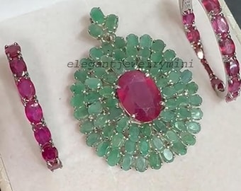 Spilla con ciondolo in rubino e smeraldo naturale con orecchini abbinati in rubino, set di gioielli artigianali in argento sterling 925 placcato rodio, regalo per lei