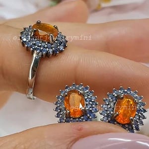 Natural Orange Opal & Blue Sapphire Jewelry Set, Handcrafted 925 Sterling Silver Ring And Earrings, Genuine Gemstone, Birthday Gift For Her