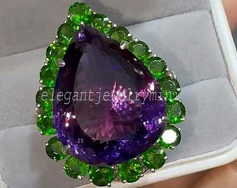 Handcrafted Amethyst & Chrome Diopside Ring, Large Statement Ring Handmade 925 Sterling Silver Rhodium Plated, Elegant Gemstone Gift For Her