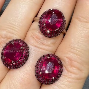 Natural Ruby Jewelry Set Ring & Earrings, 925 Sterling Silver, Mother's Day Jewelry, Unique Anniversary Or Birthday Gift For Her