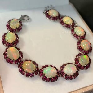 Luxurious Fire Opal & Ruby Gemstone Bracelet, Handcrafted 925 Sterling Silver Rhodium Plated Jewelry, Beautiful Anniversary Gift For Women