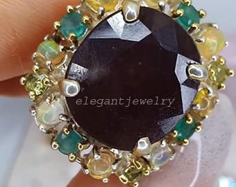 Naturlig rubin-opal-onyxring, unika designersmycken, handgjorda 925 sterlingsilver, iögonfallande ädelstensring, elegant present till hennes födelsedag