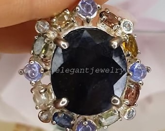 Blå safirring med flerfärgade safirer tanzanit och topas, 925 sterlingsilver rodiumpläterat statement ädelstenssmycke present till henne